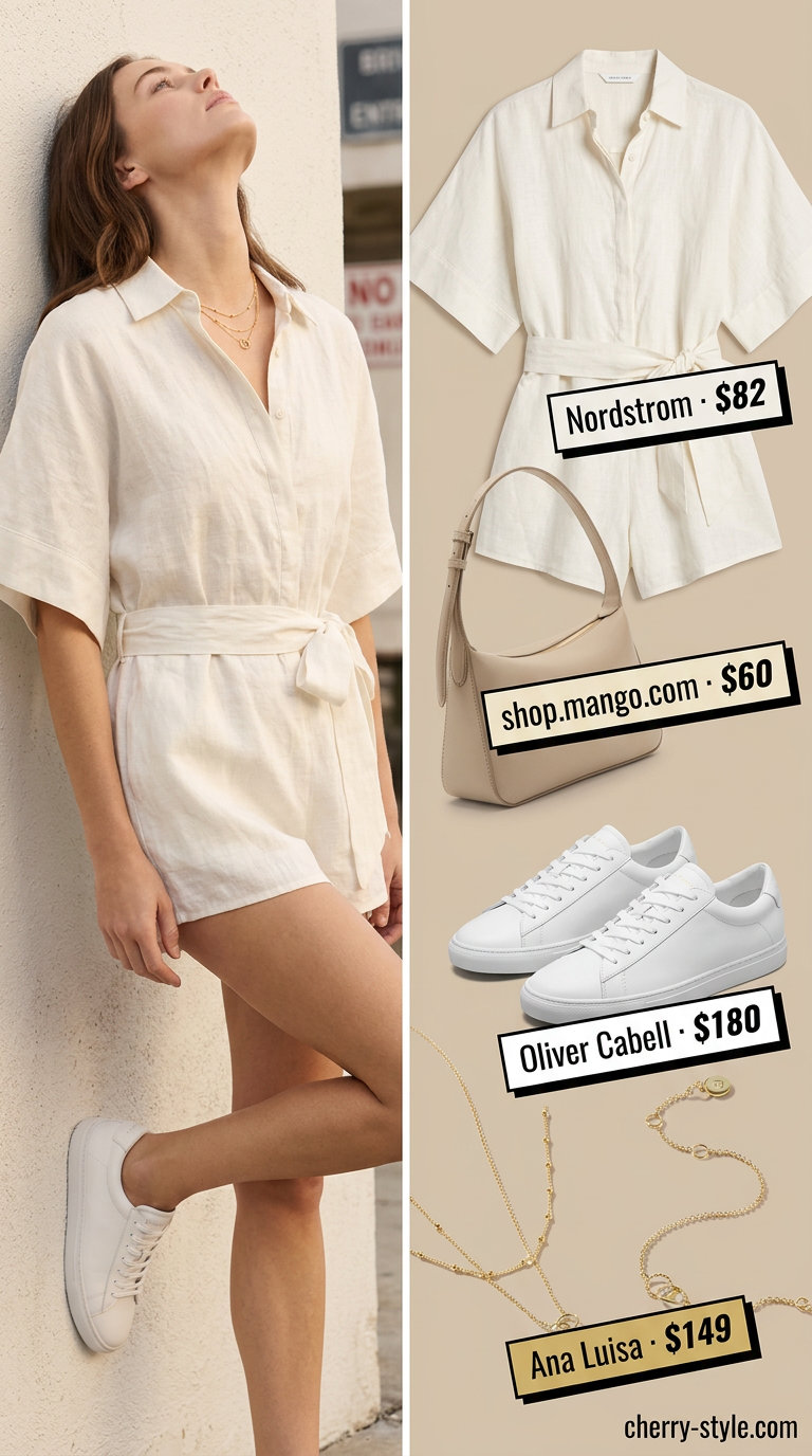 Monochrome minimalist summer outfit 2026: White linen romper with beige crossbody and gold necklaces for a vacation vibe.
