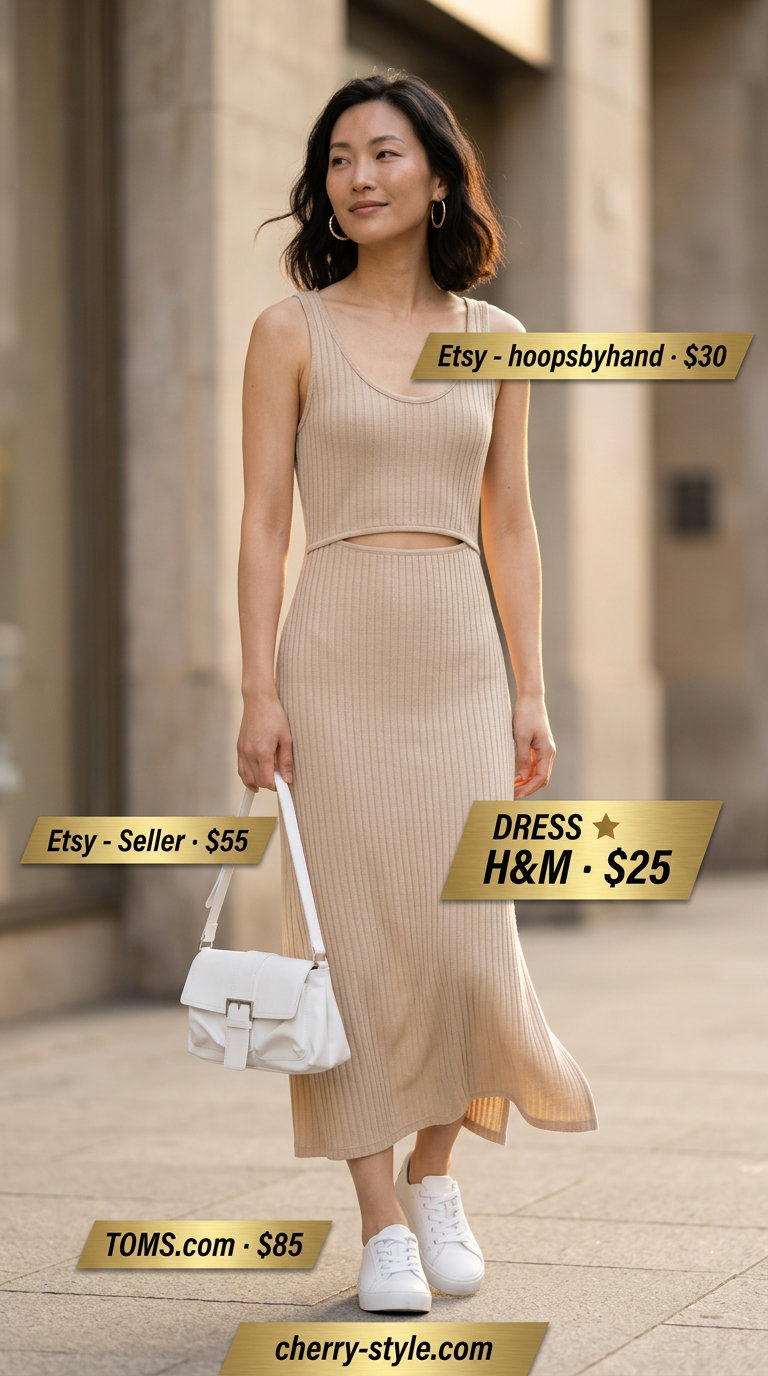 Monochrome minimalist summer outfits for women 2026: Stone knit dress, white sneakers & bag for a relaxed day look.