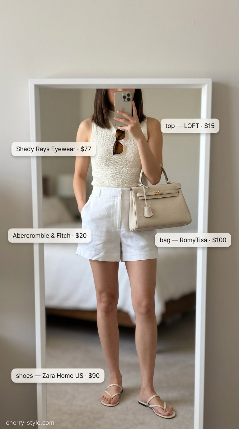 Monochrome minimalist summer outfit 2026: White tailored shorts, off-white mock neck top, and beige bag for smart casual.