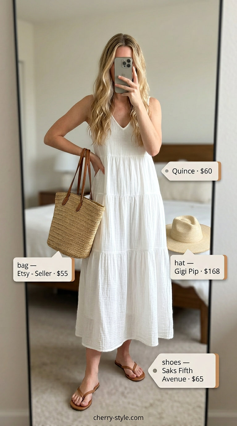 Monochrome minimalist summer outfits for women 2026: White maxi dress, straw hat & tote for a beachy vibe.