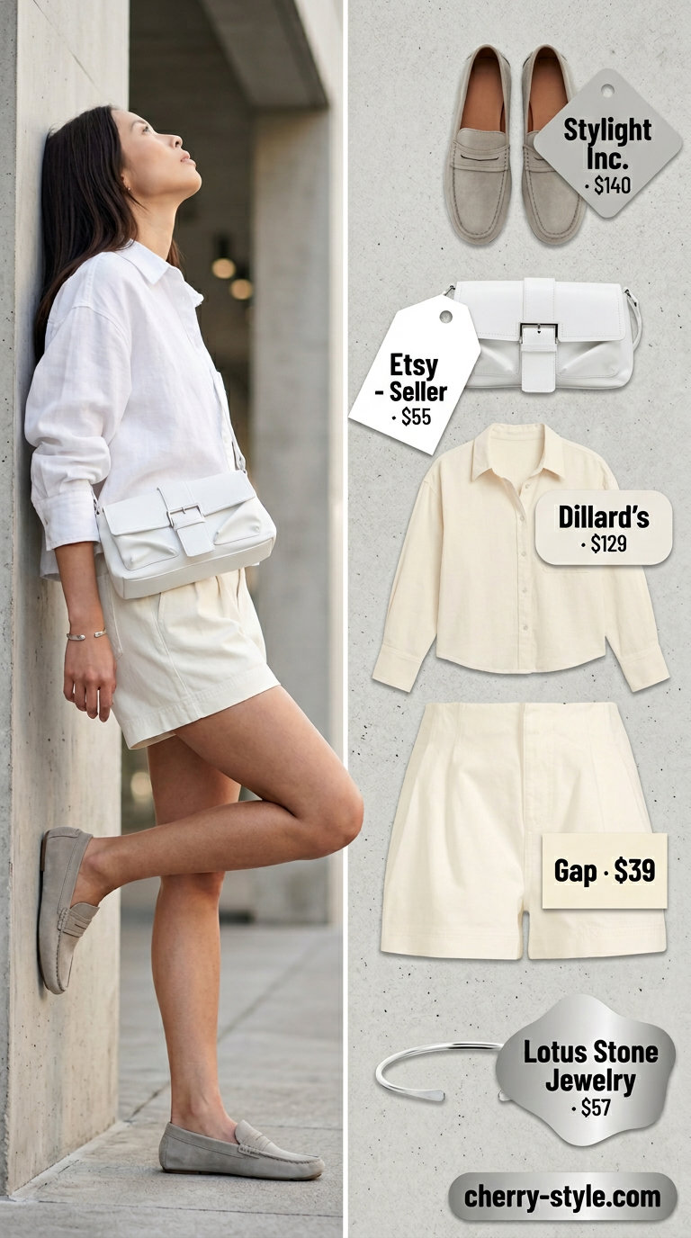 Monochrome minimalist summer outfit 2026: White tailored shorts, light grey oversized shirt, silver bracelet, loafers.