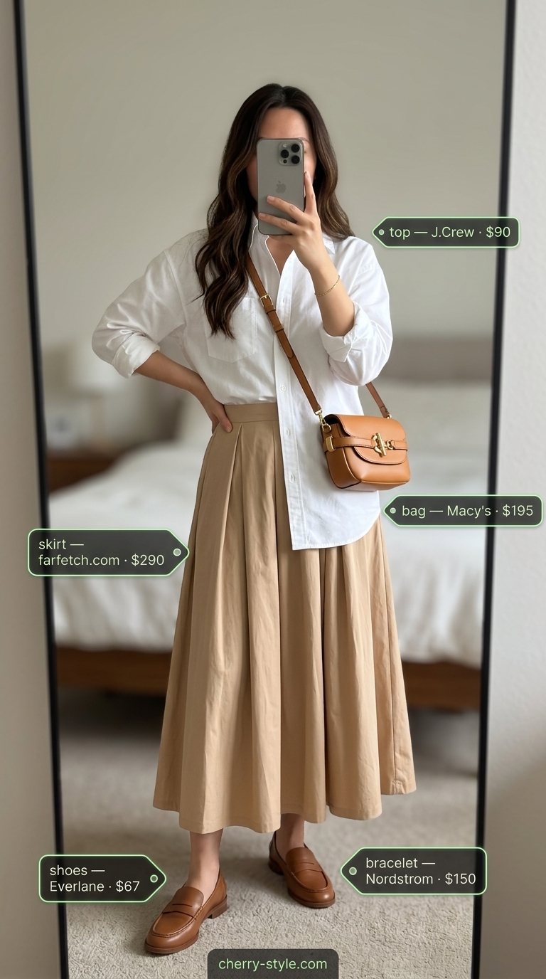 Neutral summer old money outfit 2026: White button-down, beige midi skirt, tan loafers, tan crossbody bag, gold bracelet.