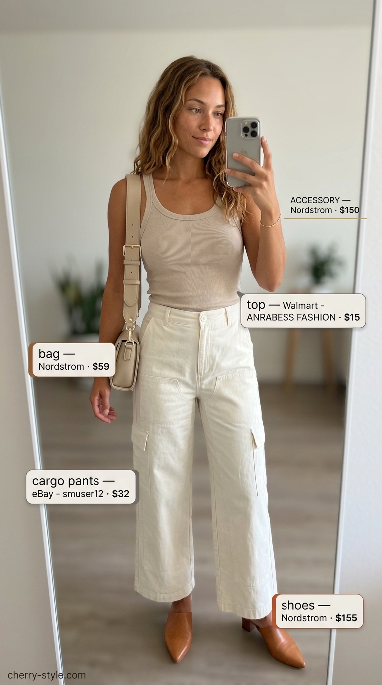 Neutral summer old money outfit 2026: Cream cargo pants, beige tank, light brown mules, taupe crossbody bag, gold bracelet.