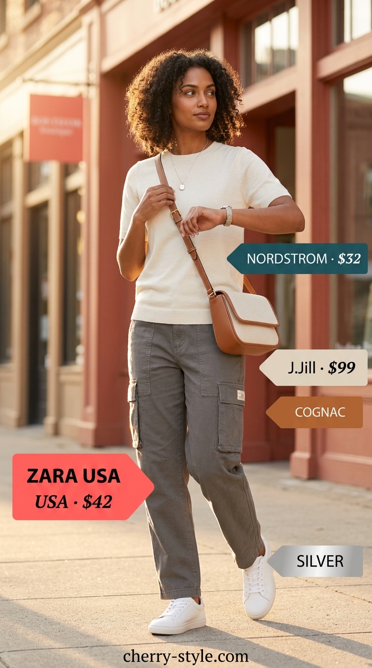 Neutral summer old money outfit 2026: Stone grey cargo pants, cream knit top, sneakers, brown bag.