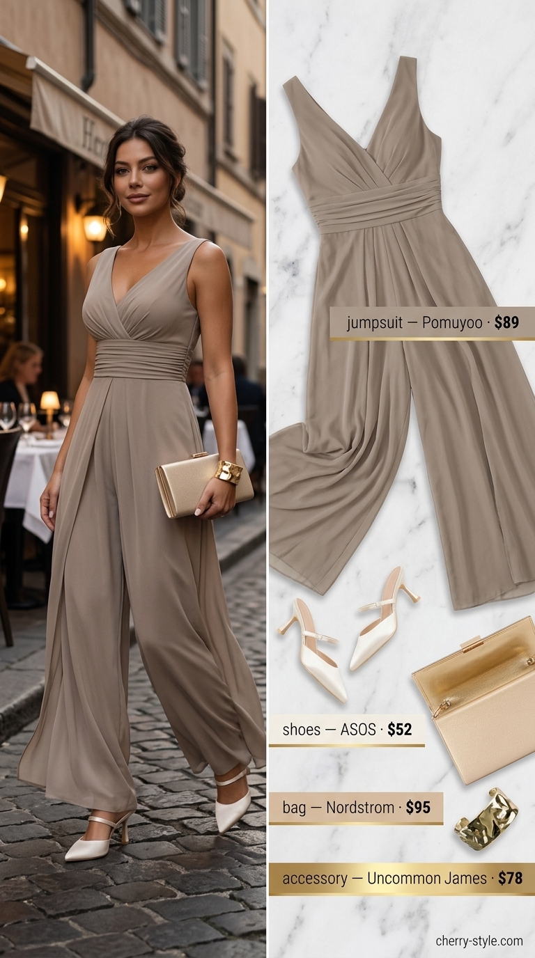 Neutral summer old money outfit 2026: Taupe wide-leg jumpsuit, cream heels, gold cuff bracelet, champagne clutch.