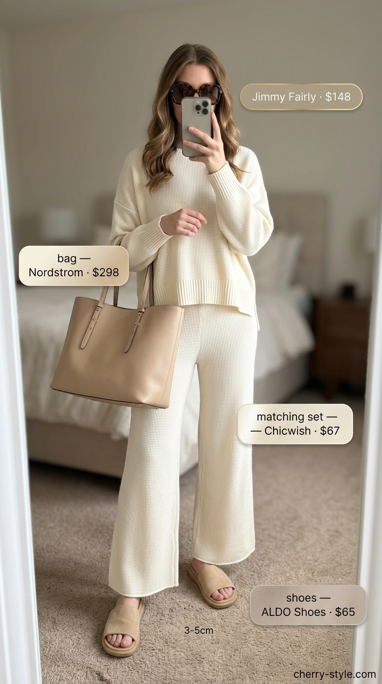Neutral summer old money outfit 2026: Cream knit co-ord set, beige slides, brown tote, tortoise sunglasses.