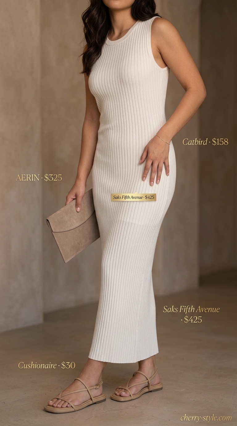 Neutral summer old money outfit 2026: Ivory knit midi dress with beige sandals, clutch & gold bracelet.