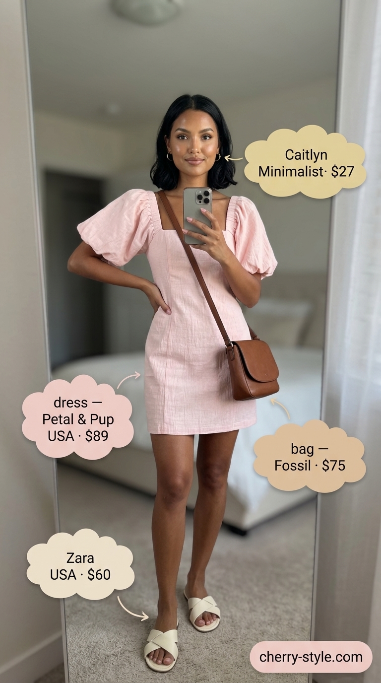 Neutral summer old money outfit 2026: Blush pink linen mini dress, tan crossbody, gold hoops, flat sandals.