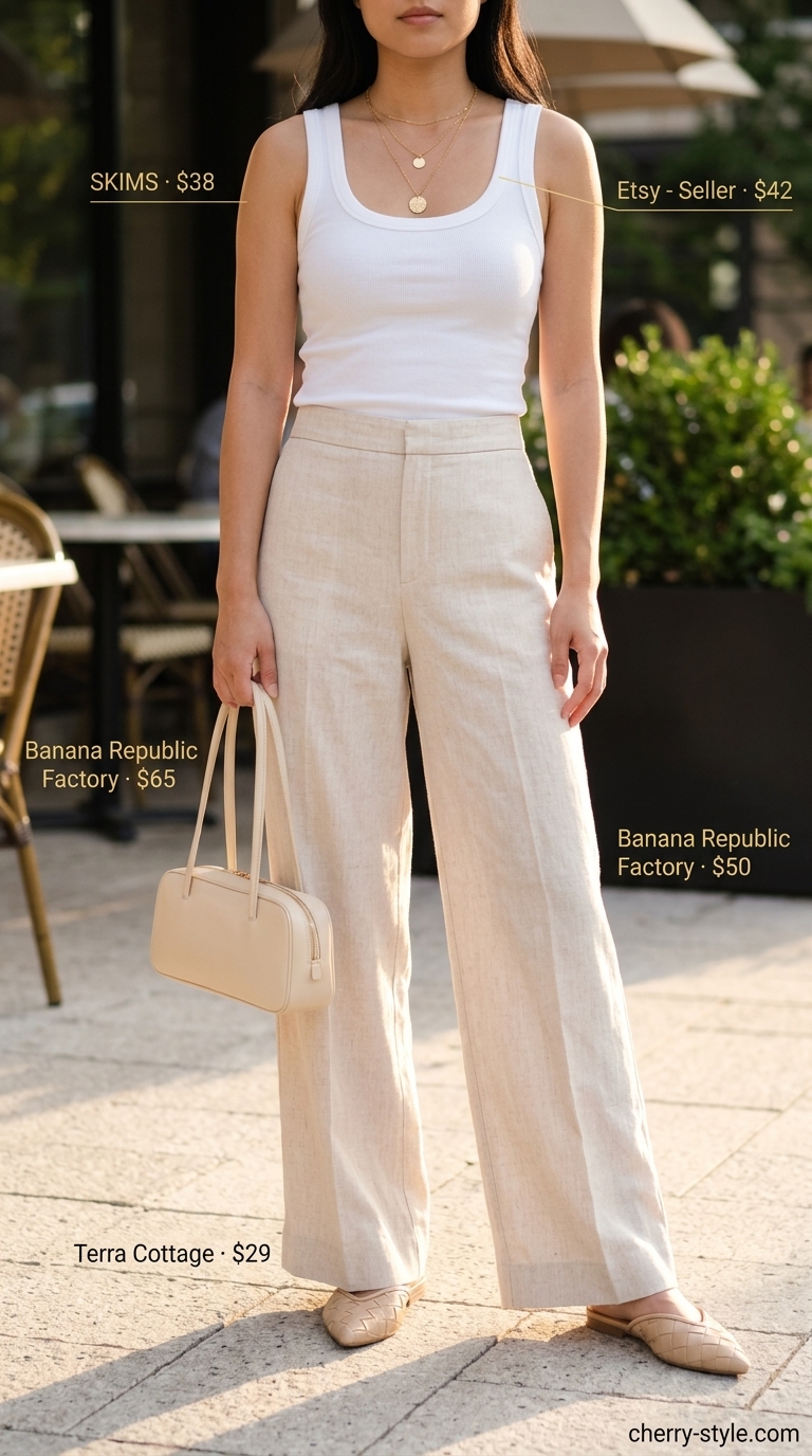 Neutral summer old money outfit 2026: Ecru wide-leg linen pants, taupe mules, cream tank, structured tote.