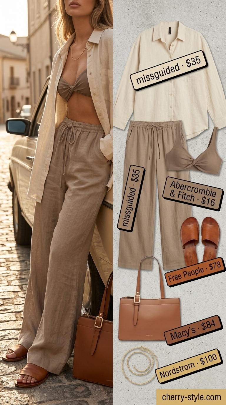 Neutral summer old money outfit 2026: Creamy beige linen set with taupe tank, gold necklace, tan sandals & tote.