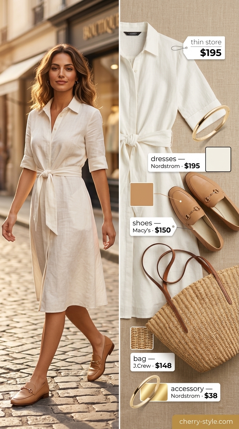 Neutral summer old money outfit 2026: Ivory linen shirtdress, beige loafers, straw tote, gold bangle.