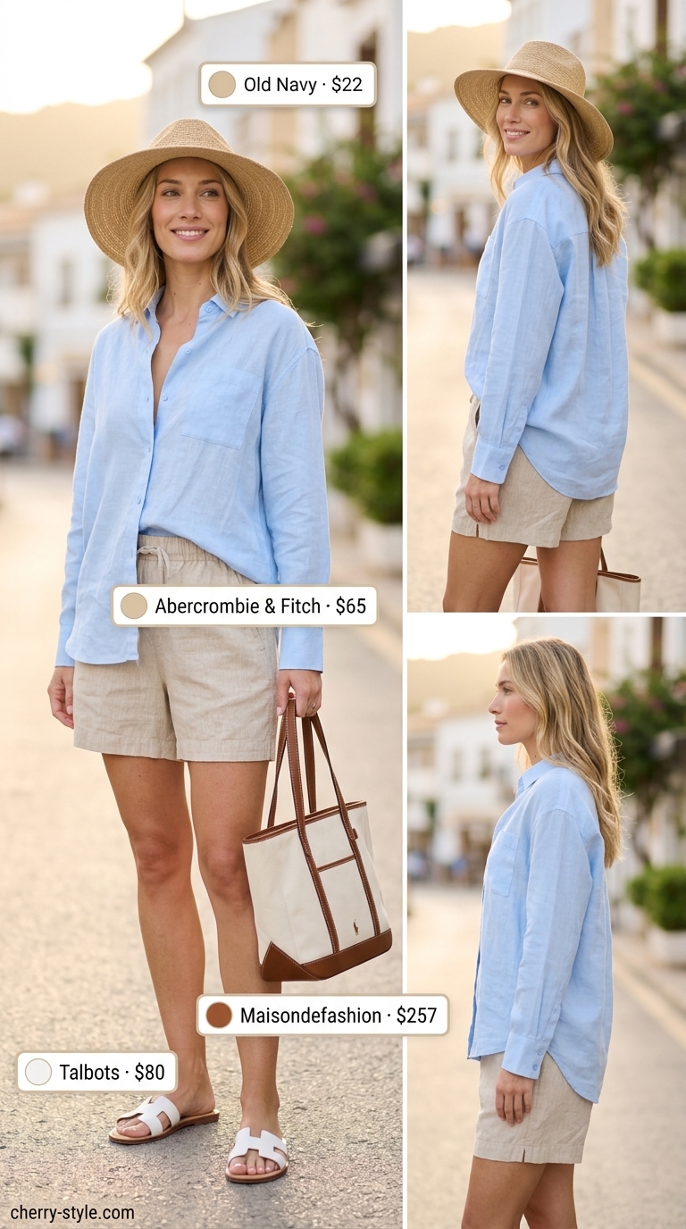 Neutral summer old money outfit 2026: Light blue linen shirt, beige linen shorts, white slides, straw hat & tote.