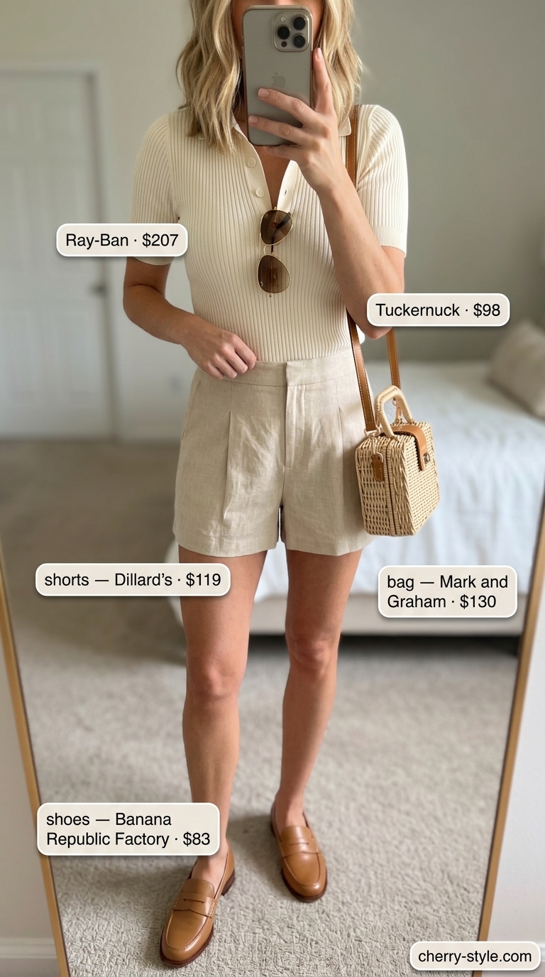 Neutral summer old money outfit 2026: Beige linen shorts, cream knit polo, camel loafers, straw bag, gold aviators.