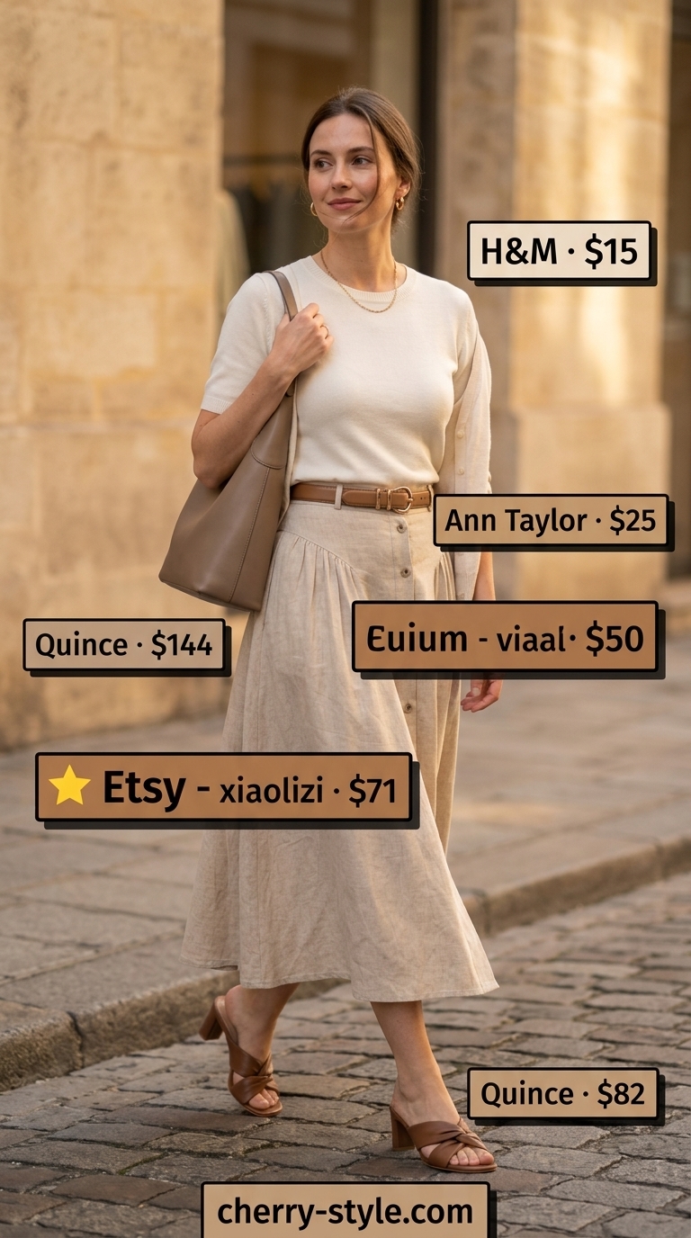 Neutral summer old money outfit 2026: Warm beige linen skirt with cream knit top, mules, belt & shoulder bag.