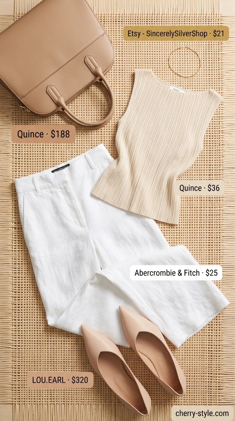 Neutral summer old money outfit 2026: White linen pants, beige knit top, nude flats, taupe shoulder bag, gold bracelet.