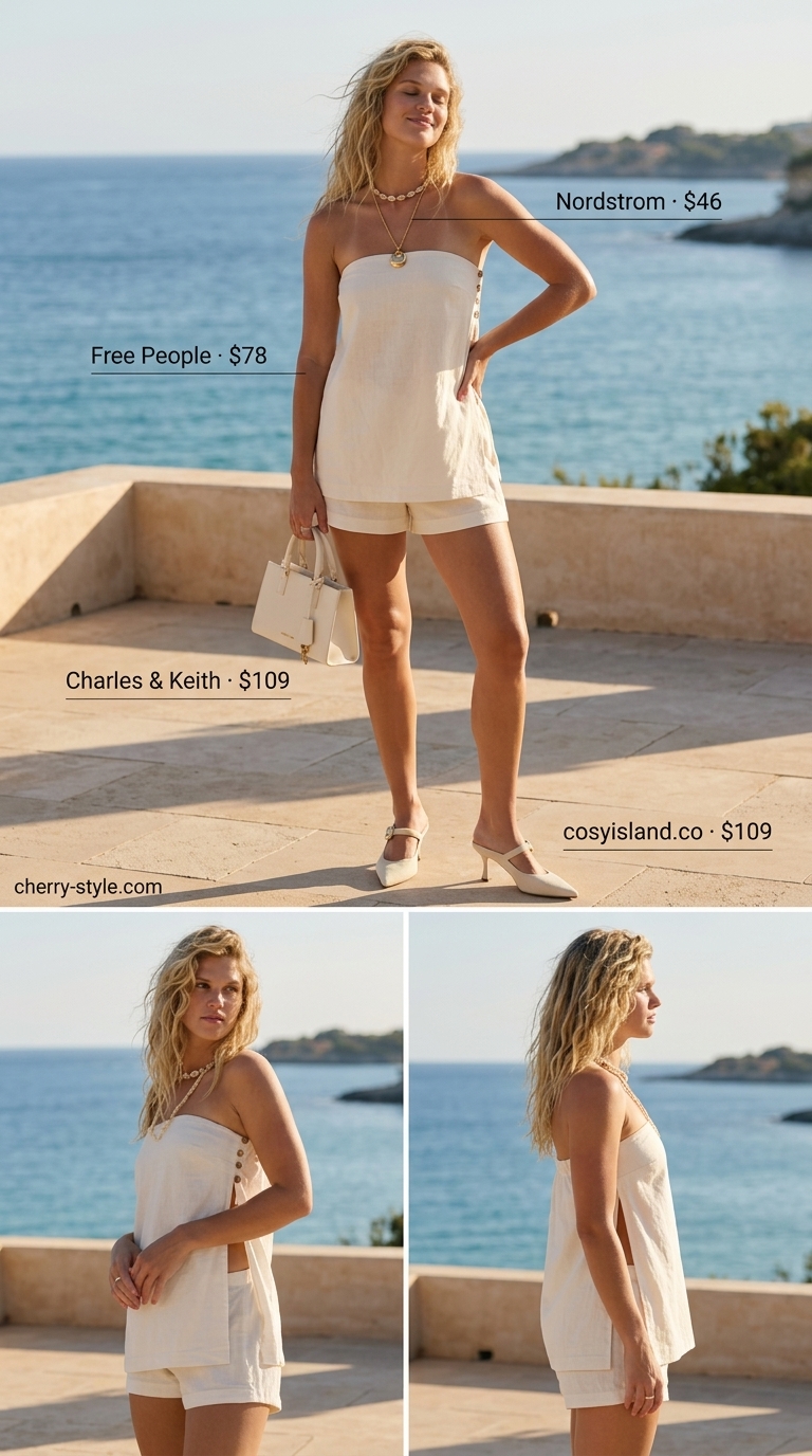 Neutral summer old money outfit 2026: Cream linen set, beige mules, light beige top-handle bag, gold necklace.