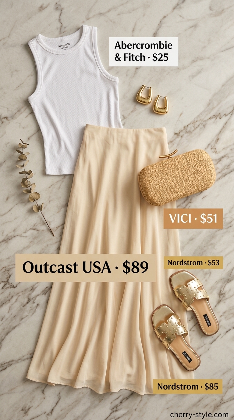 Neutral summer old money outfit 2026: Sand beige maxi skirt, cream tank, gold hoops, metallic sandals.