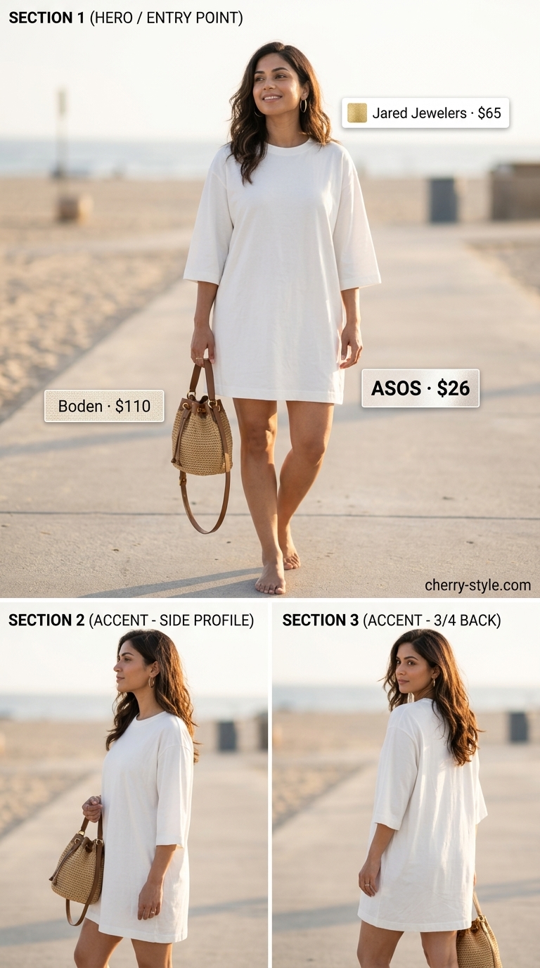 Neutral summer old money outfit 2026: White cotton mini dress, tan slides, straw bucket bag, gold hoops.