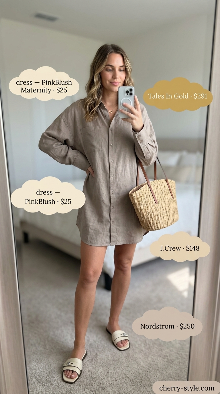 Neutral summer old money outfit 2026: Taupe oversized shirt dress, cream leather slides, gold necklace, straw tote.