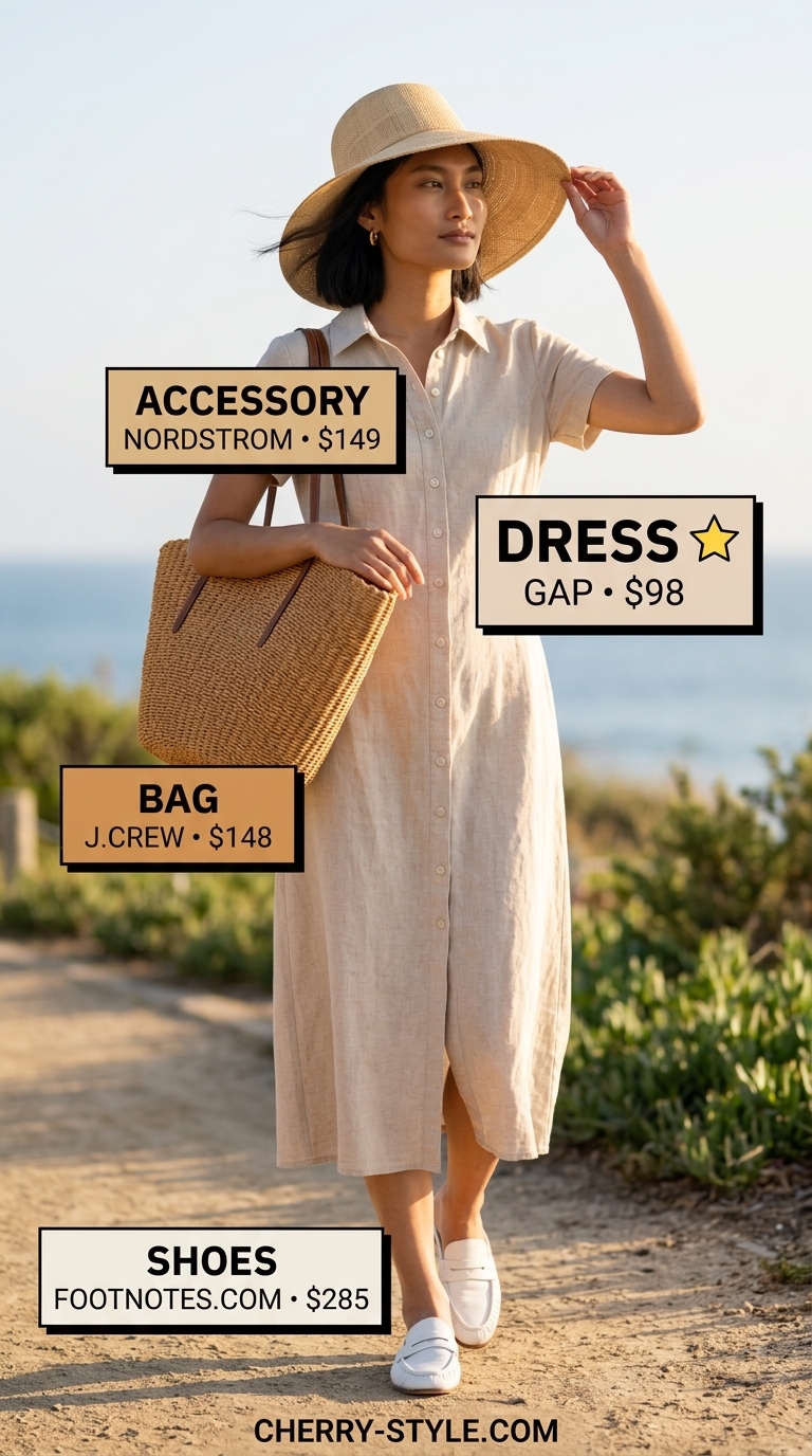 Neutral summer old money outfit 2026: Light sand linen shirt dress with straw hat, tote & white mules.