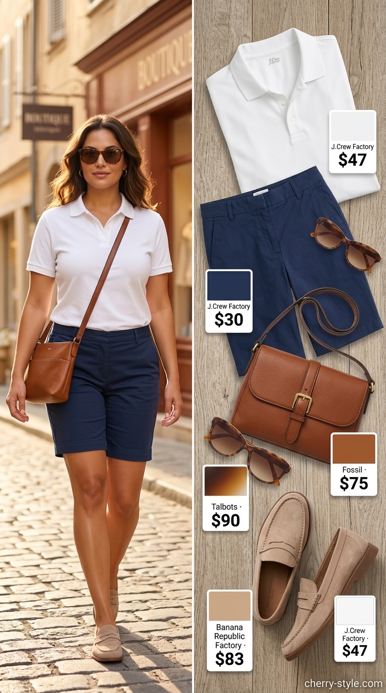 Neutral summer old money outfit 2026: Navy shorts, white knit polo, beige loafers, crossbody bag & sunglasses.