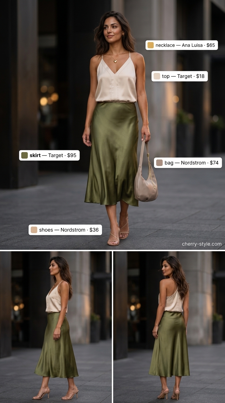 Neutral summer old money outfit 2026: Olive green silk skirt, cream camisole, beige heels, taupe bag, gold necklace.
