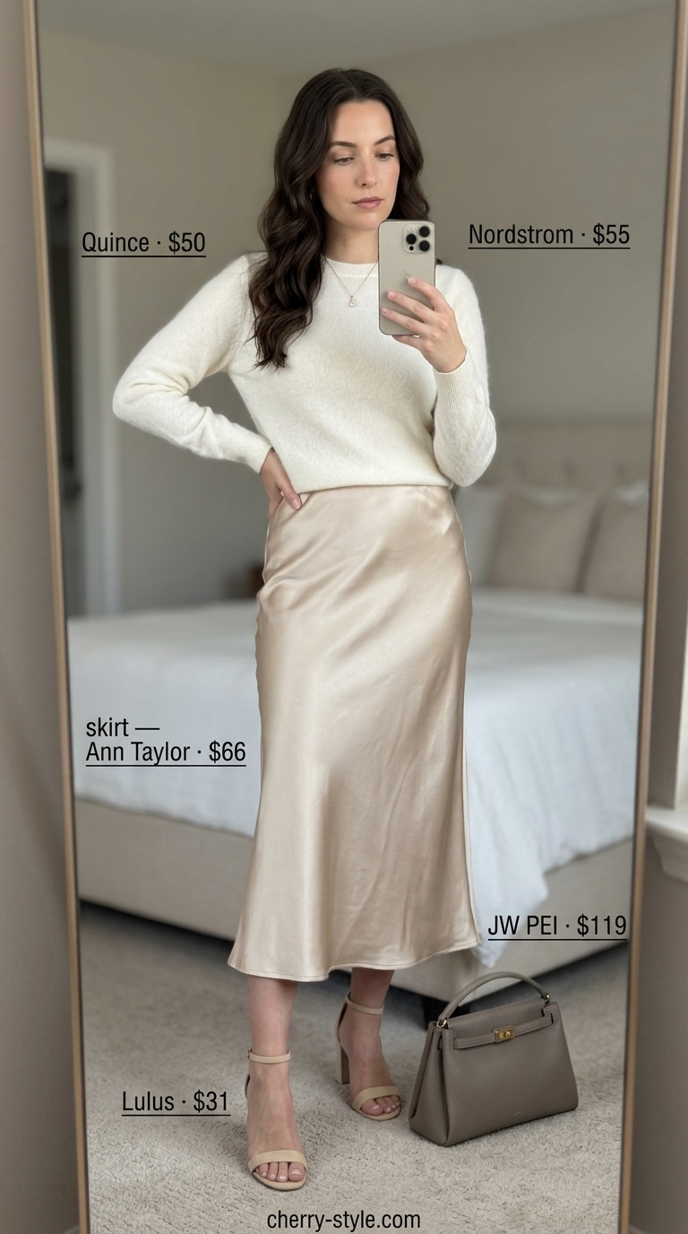 Neutral summer old money outfit 2026: Champagne silk skirt with cream cashmere sweater, gold necklace & heels.