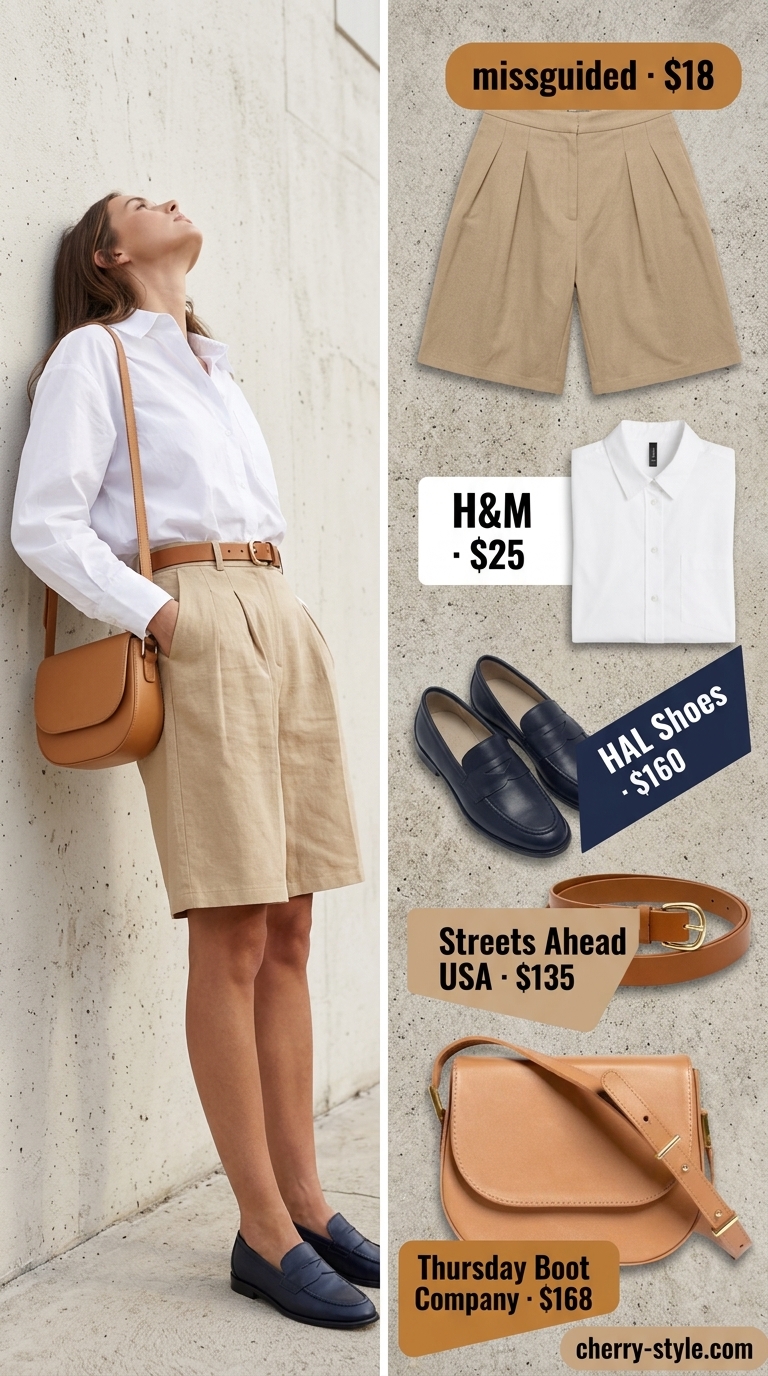Neutral summer old money outfit 2026: Khaki shorts, white oversized shirt, navy loafers, tan bag & belt.