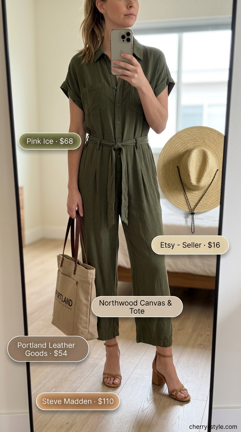 Neutral summer old money outfit 2026: Olive green utility jumpsuit with tan block heels, straw hat & tote.