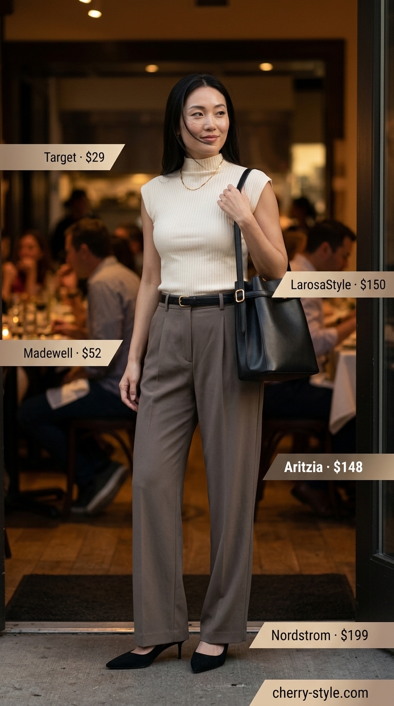 Neutral summer old money outfit 2026: Taupe wide-leg trousers with cream knit top, black heels, belt & bag.