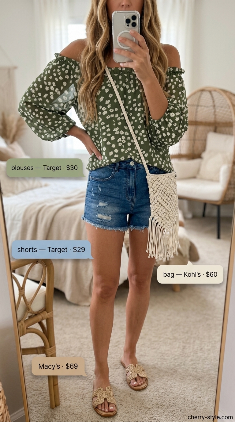 Boho beach off shoulder summer blouses for women 2026 with denim shorts, macrame bag, and layered necklaces for a festival.