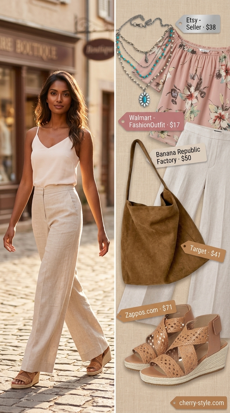 Boho off shoulder summer blouses for women 2026 with linen pants, espadrilles, and layered necklaces for a casual day out.