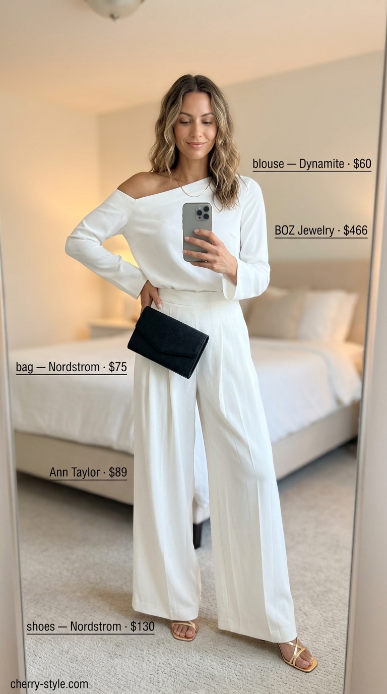 Chic off shoulder summer blouses for women 2026 with palazzo pants, heeled sandals, and a clutch for an evening event.