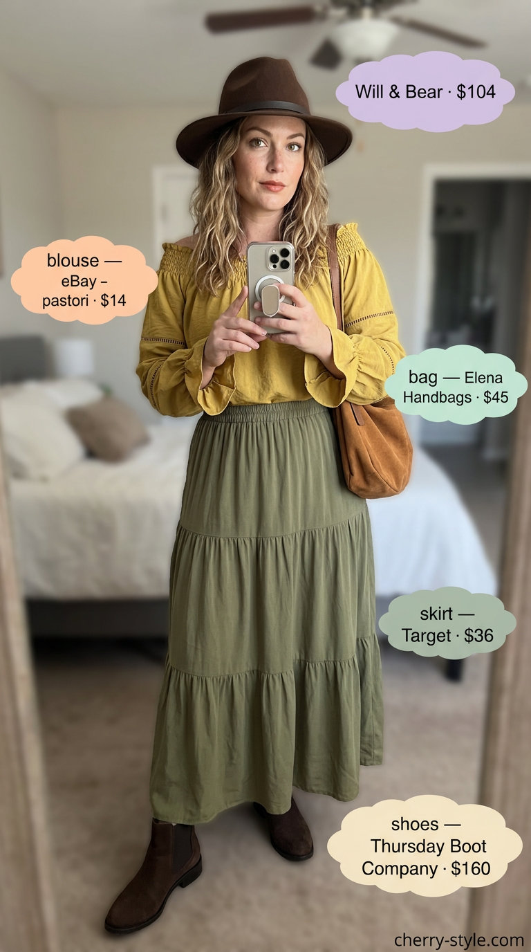 Earthy off shoulder summer blouses for women 2026 with a maxi skirt, felt hat, and suede boots for a desert sunset look.