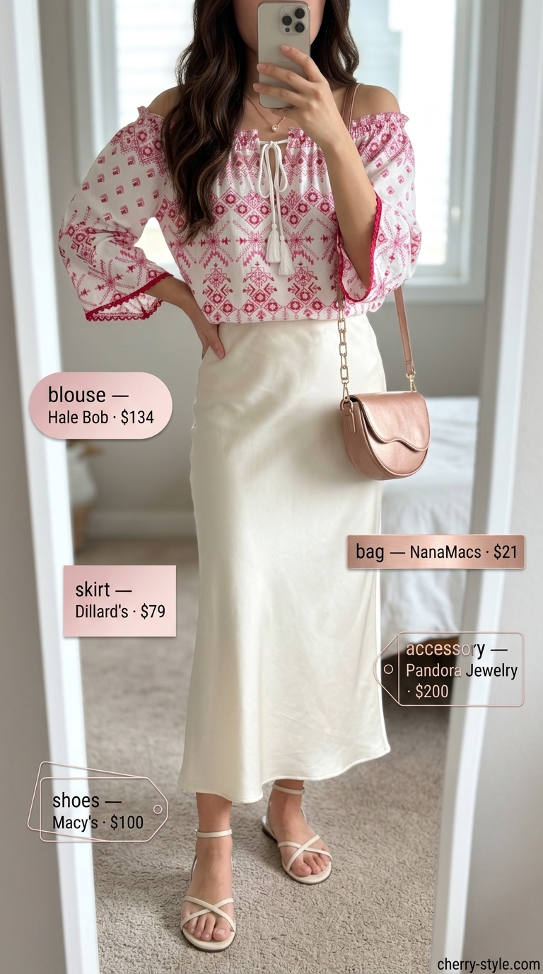 Romantic off shoulder summer blouses for women 2026 styled with a midi skirt, strappy sandals, and rose gold jewelry for a garden party.