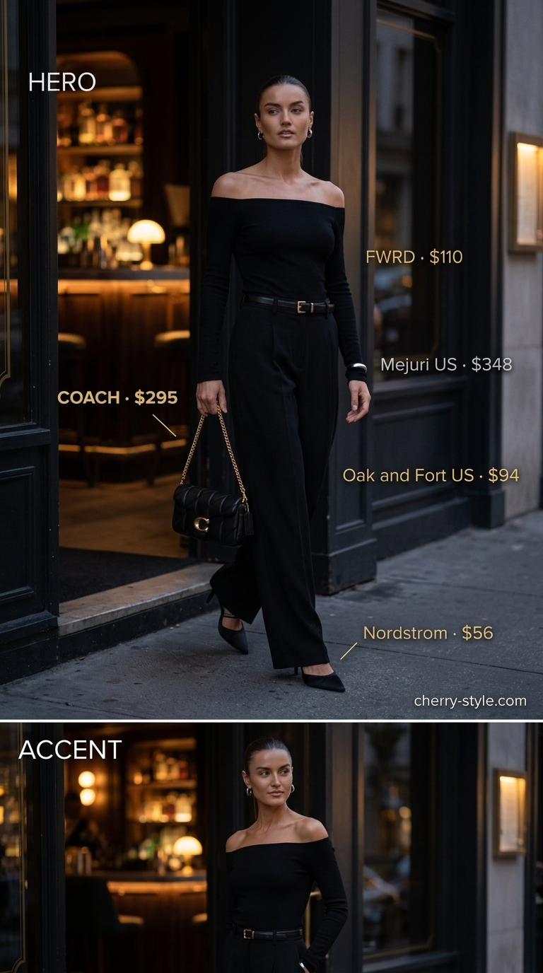 Chic monochromatic black off-shoulder top with wide-leg pants and stiletto heels for women 2026.