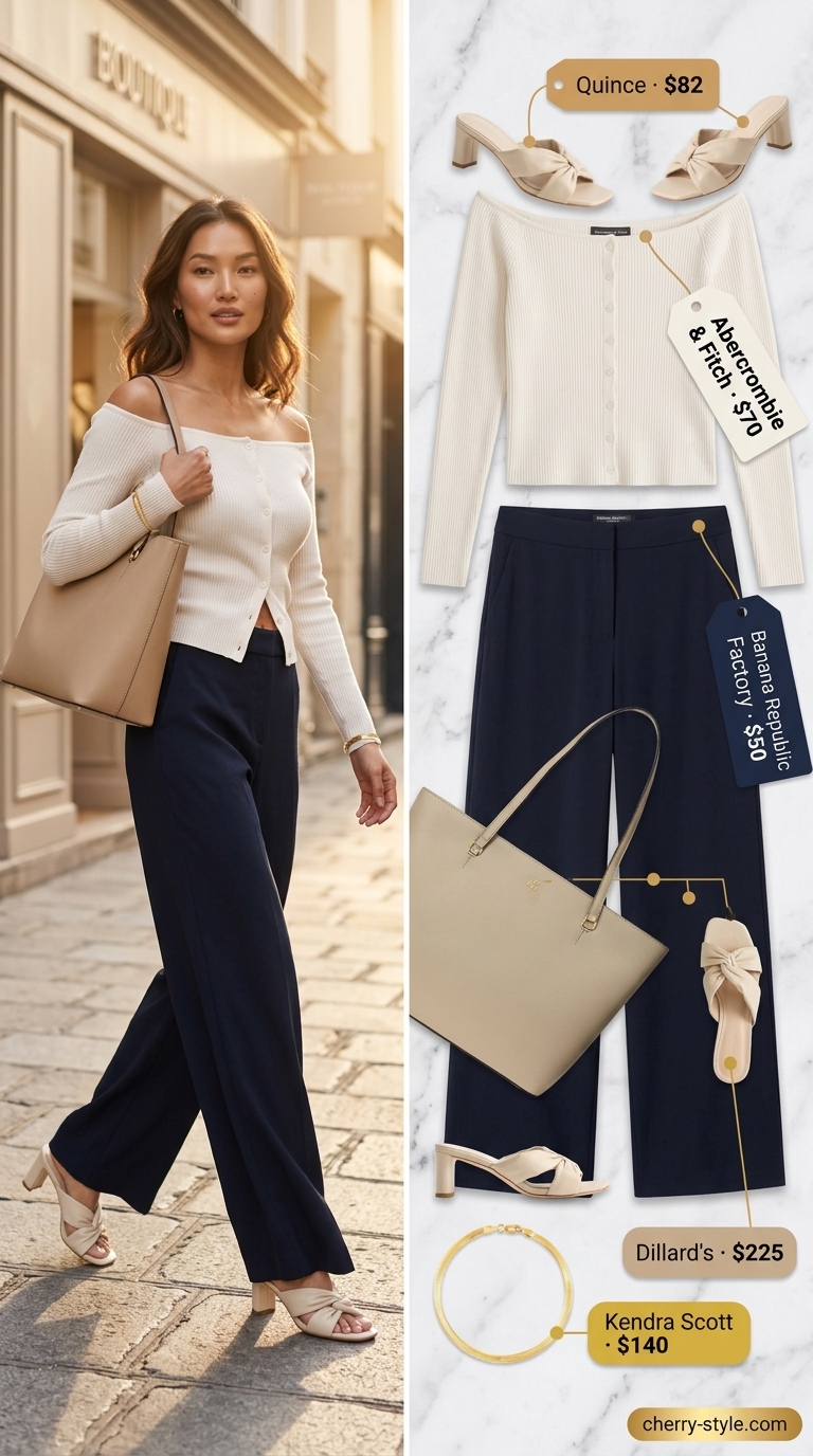 Sophisticated cream off-shoulder blouse with navy tailored trousers for business casual 2026.
