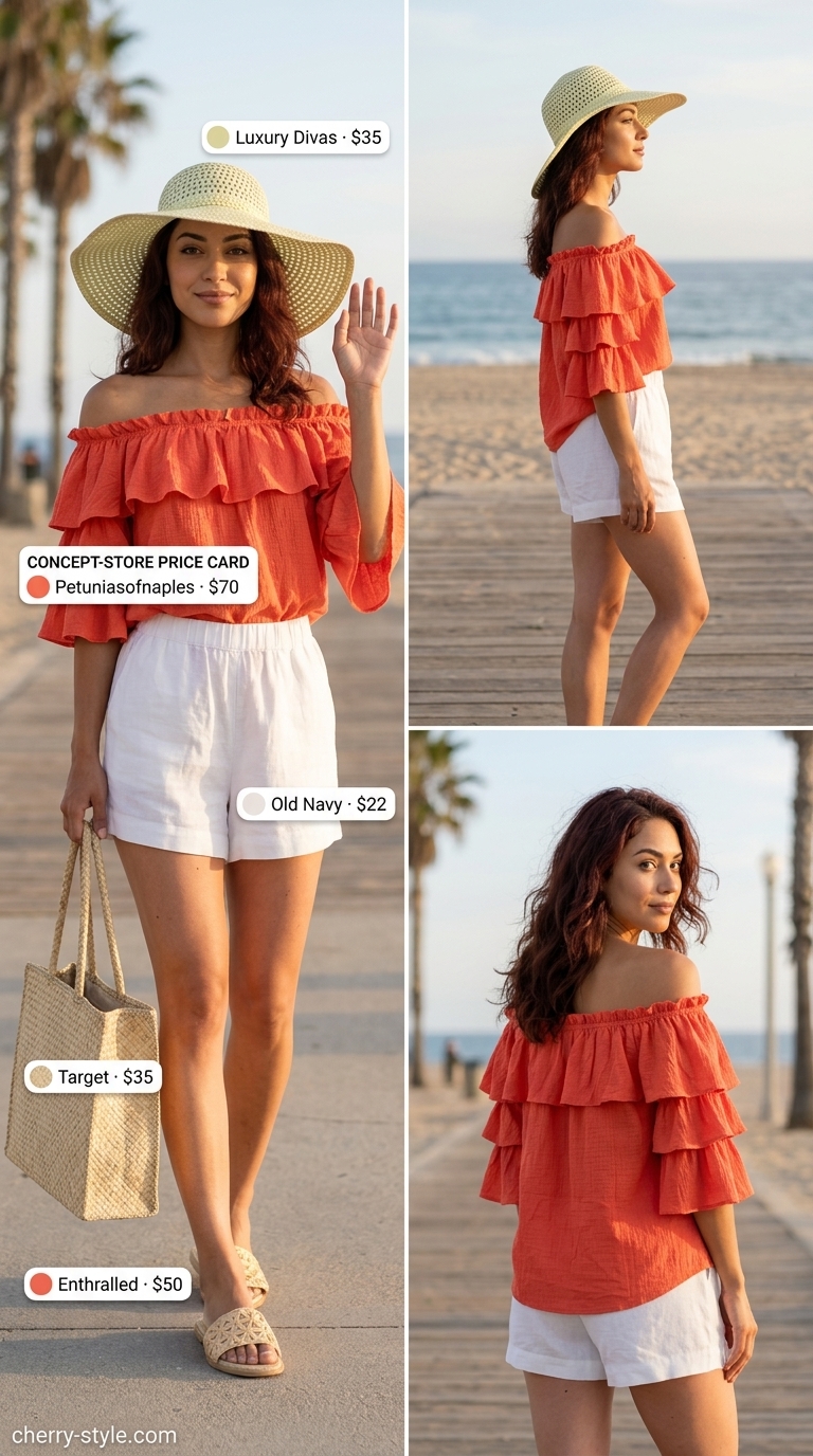 Vacation ready off-shoulder peasant blouse in coral with linen shorts and straw accessories for women 2026.
