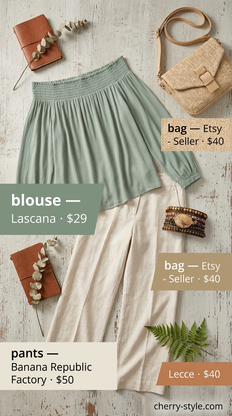 Earthy terracotta off-shoulder blouse with wide-leg linen pants for desert chic 2026.