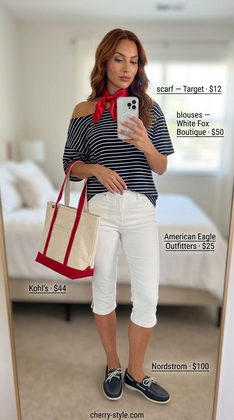 Nautical white and navy striped off-shoulder blouse with white capri pants 2026.