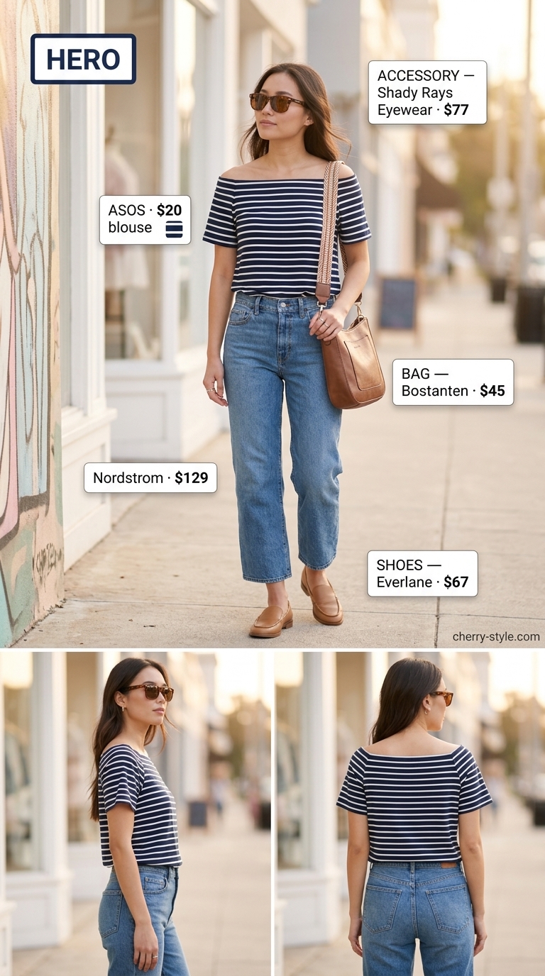 Casual Friday off-shoulder blouse outfit with navy stripes, denim jeans, and leather loafers for women 2026.