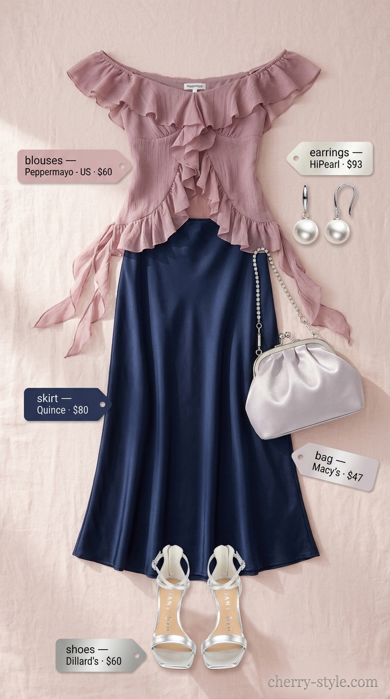 Romantic blush pink off-shoulder blouse with a navy maxi skirt for summer evenings 2026.