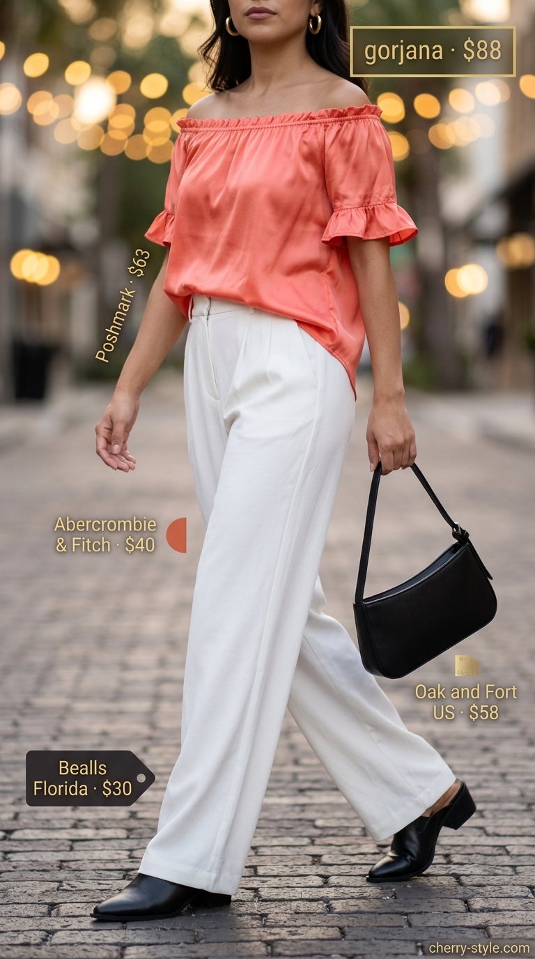 Vibrant coral off-shoulder satin blouse with cream wide-leg trousers for date night 2026.