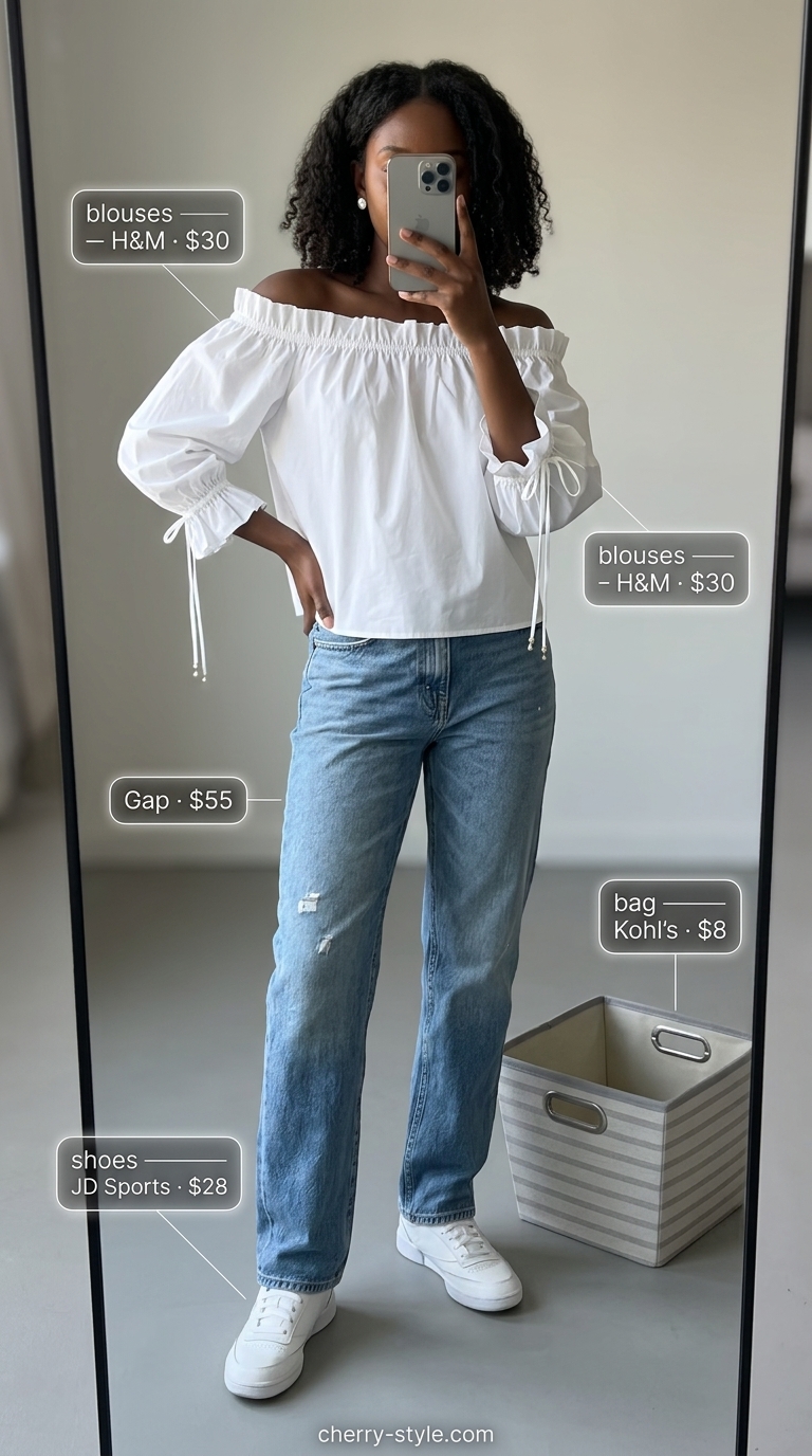 Casual cool white off-shoulder peasant blouse with light wash denim and white sneakers for women 2026.