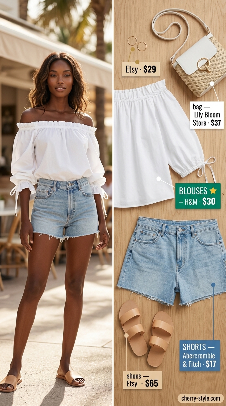 Coastal breeze off-shoulder peasant blouse with denim cutoff shorts and straw crossbody bag for women 2026.