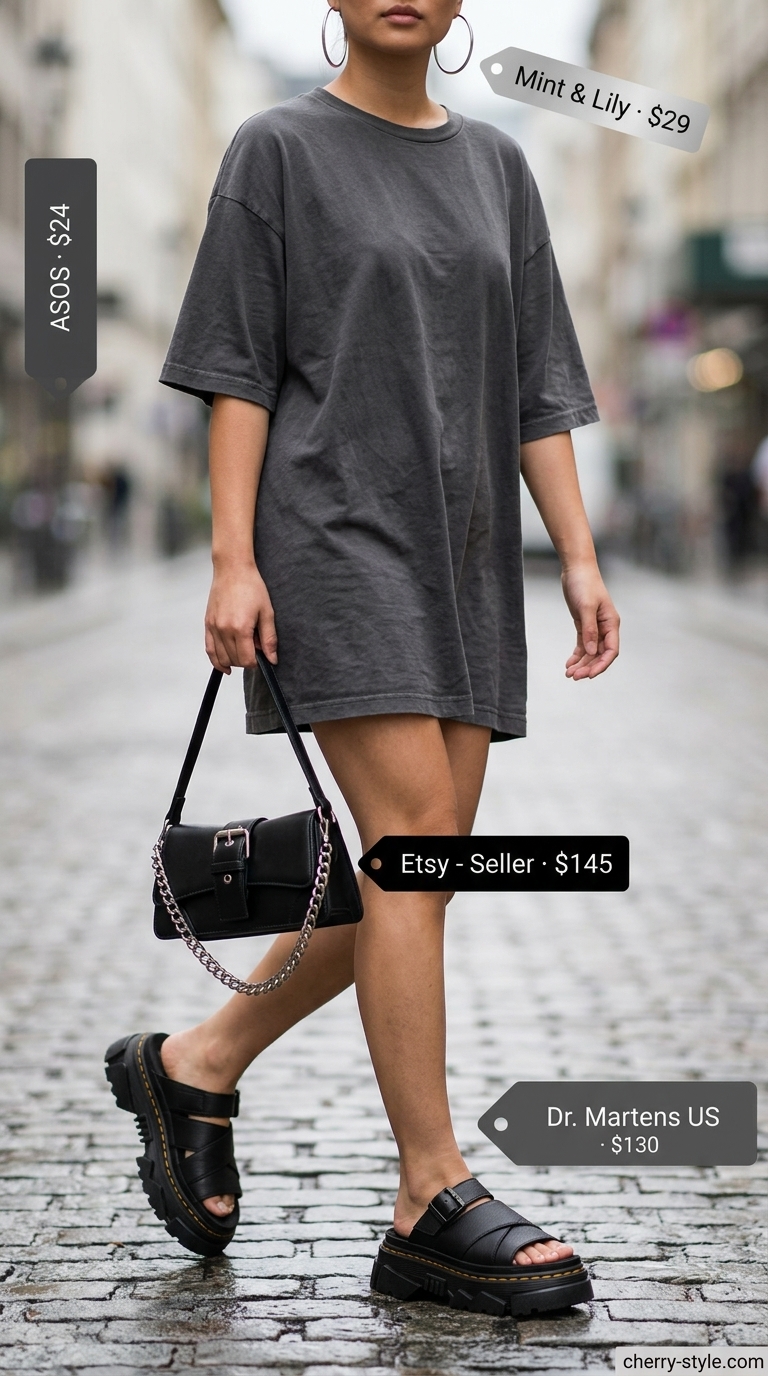 Charcoal grey oversized tee dress summer outfit for women 2026 with chunky sandals and silver jewelry.
