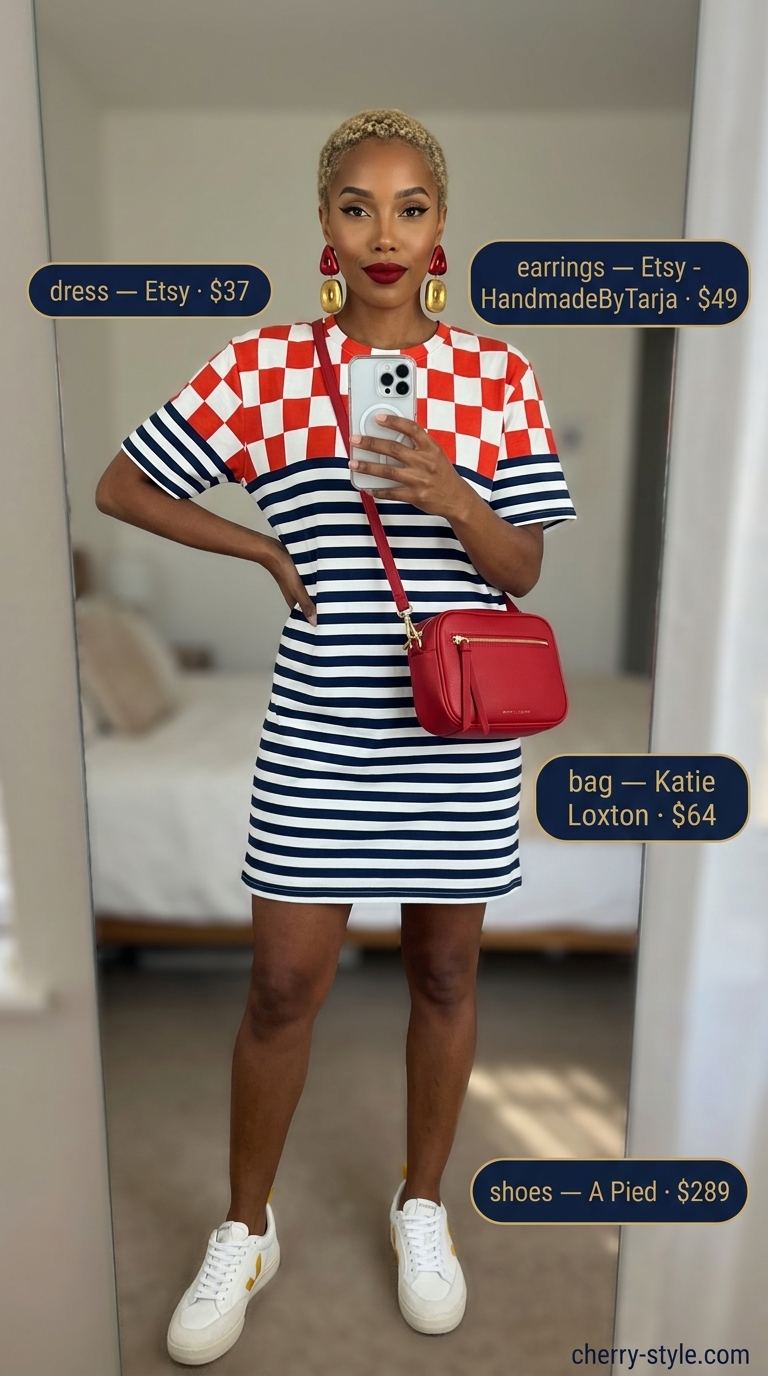 Color-blocked oversized tee dress summer outfit for women 2026 with sneakers and crossbody bag.