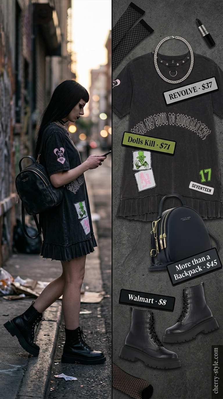 Washed black oversized tee dress summer outfit for women 2026 with combat boots for a concert.