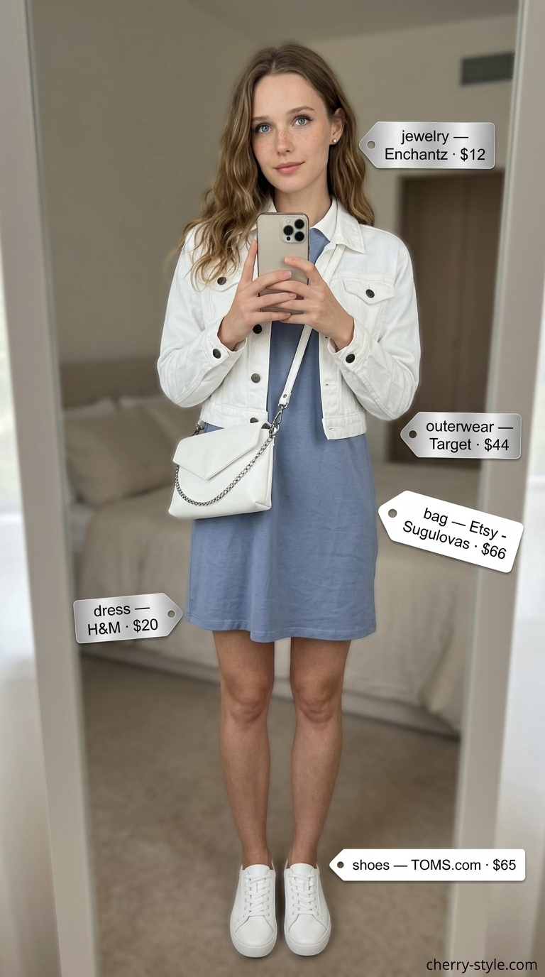 Dusty blue oversized tee dress summer outfit for women 2026 with denim jacket and white sneakers.