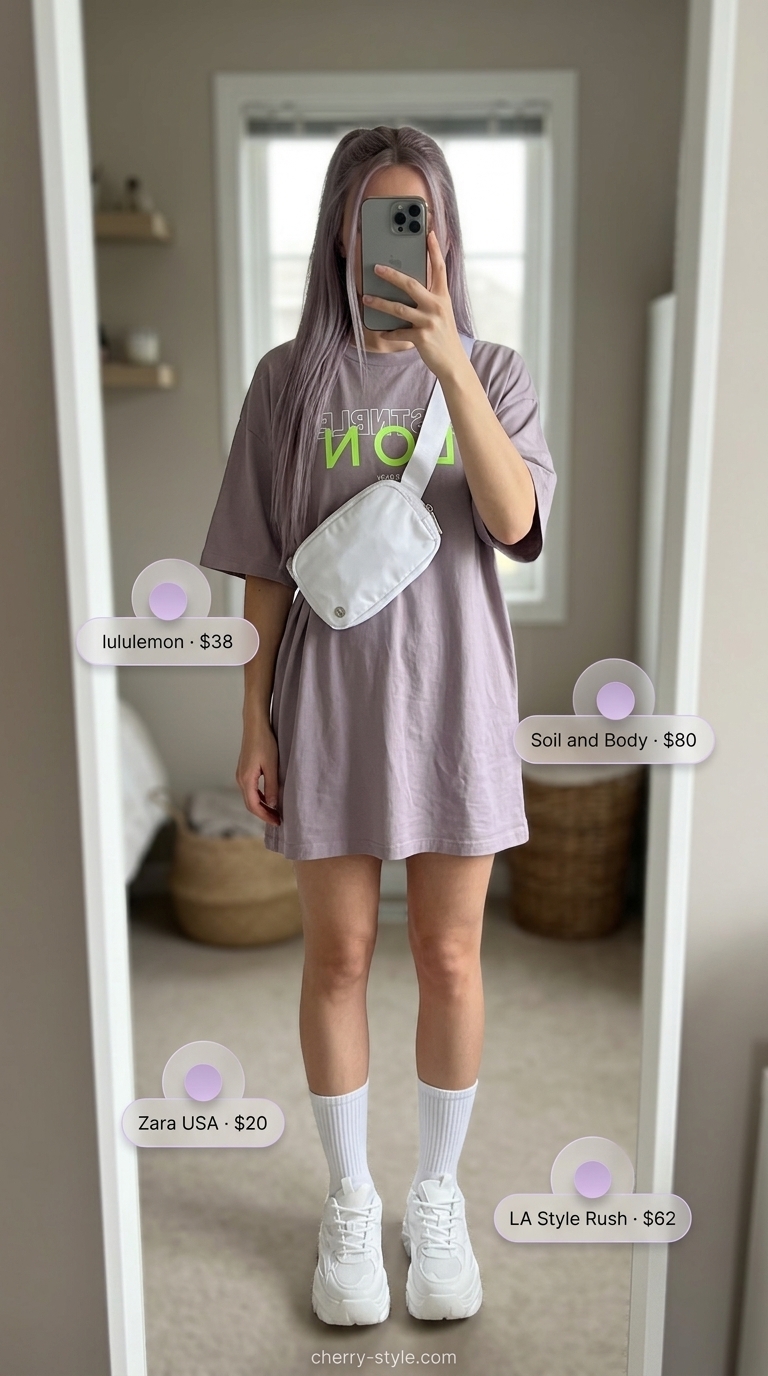 Lavender oversized tee dress summer outfit for women 2026 with chunky sneakers and belt bag.